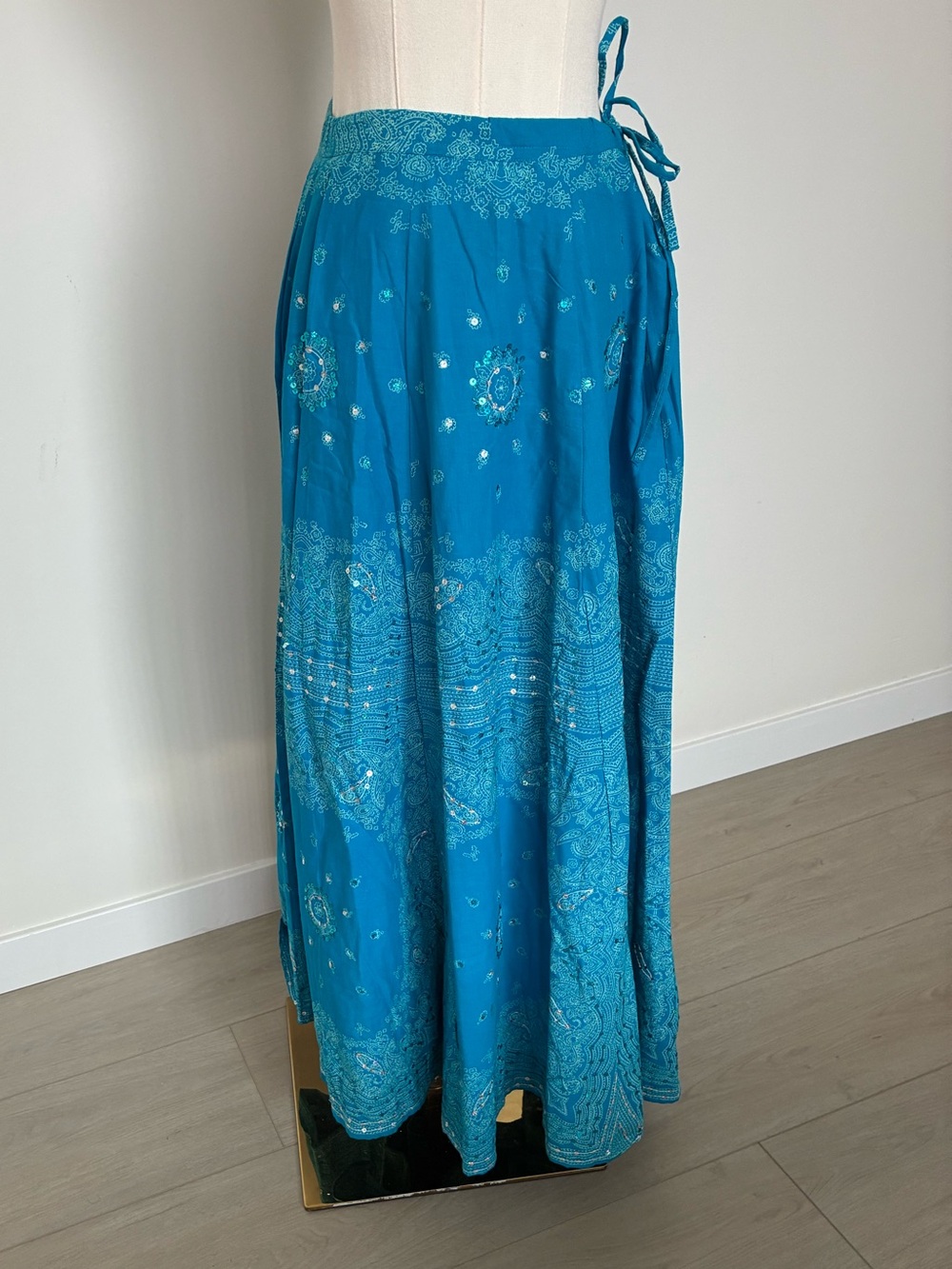 Soft Surroundings Turquoise Printed Boho Maxi Skirt with Sequins